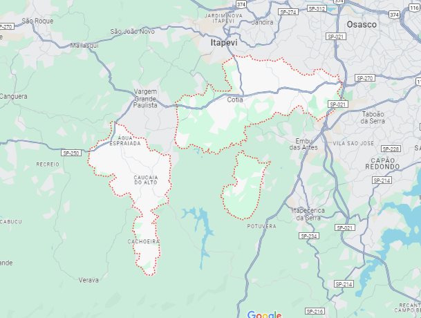 mapa com região de atendimento de buffet de churasco a domicílio de cotia